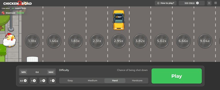 Chicken Road game interface showing a chicken about to cross a road with cars and multipliers, difficulty settings, and a play button.