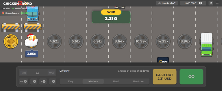 Screenshot of the Chicken Road game showing a chicken with a 3.85x multiplier on a road with various multipliers and vehicles, a win notification of 2.31 USD, and options to cash out or continue playing.