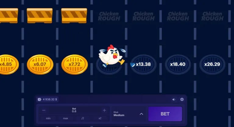 A cartoon chicken running on a game track with multipliers displayed on coins and grates, alongside a betting interface showing a bet of 0.6 and a medium risk level.