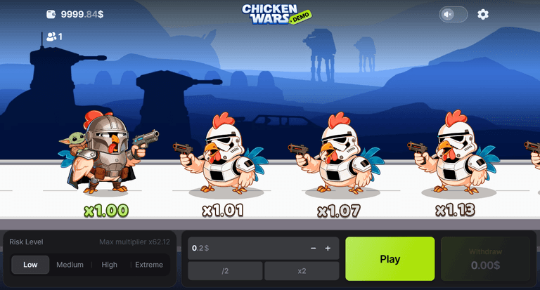 A game screen from Chicken Wars Demo showing cartoon chickens dressed as stormtroopers with multipliers below them, a character resembling a knight chicken with a small green creature on its back, and game controls including risk level options, bet amount, play button, and withdraw section.