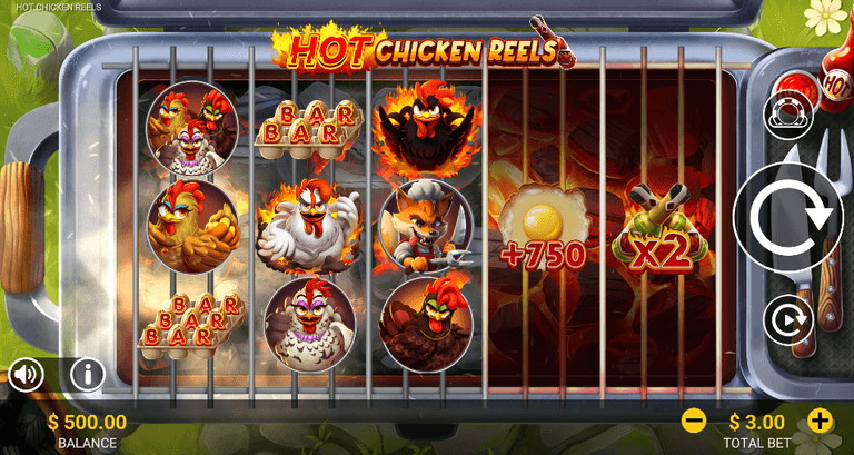 Hot Chicken Reels slot game screen showing various chicken-themed symbols, a $500 balance, and a $3 total bet with a frying pan background and grill bars overlay.