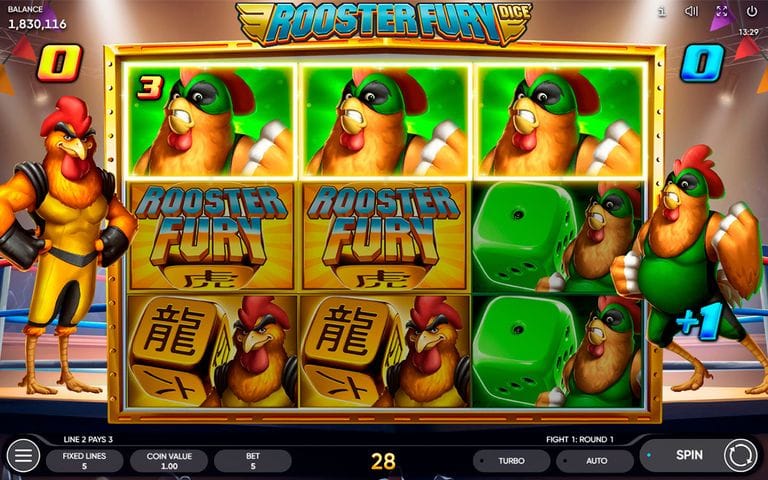 Rooster Fury Dice slot game screen showing three rooster symbols in the top row, game logo symbols in the middle row, and dice with rooster symbols in the bottom row, with a balance of 1,830,116 and a spin button at the bottom right.