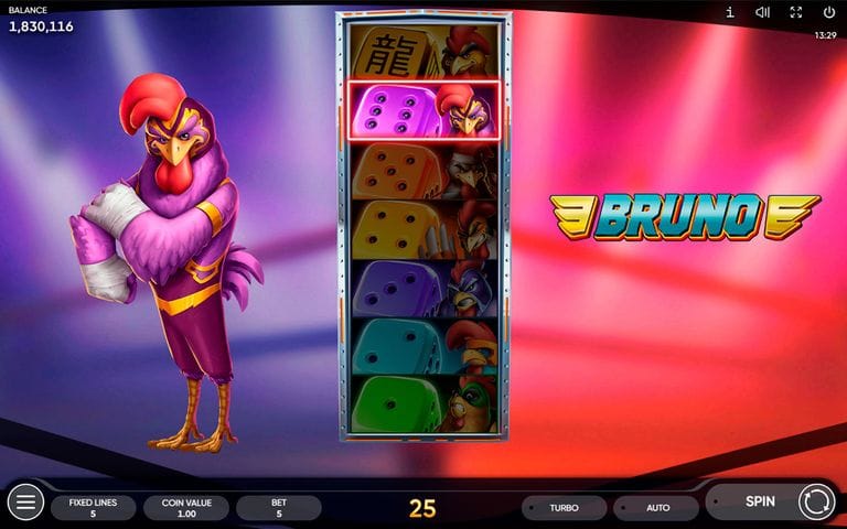 Colorful animated rooster character standing next to a vertical slot machine reel showing dice and rooster symbols, with the name "BRUNO" displayed on a red and purple gradient background. The screen also shows a balance of 1,830,116, fixed lines, coin value, bet amount, and spin controls.