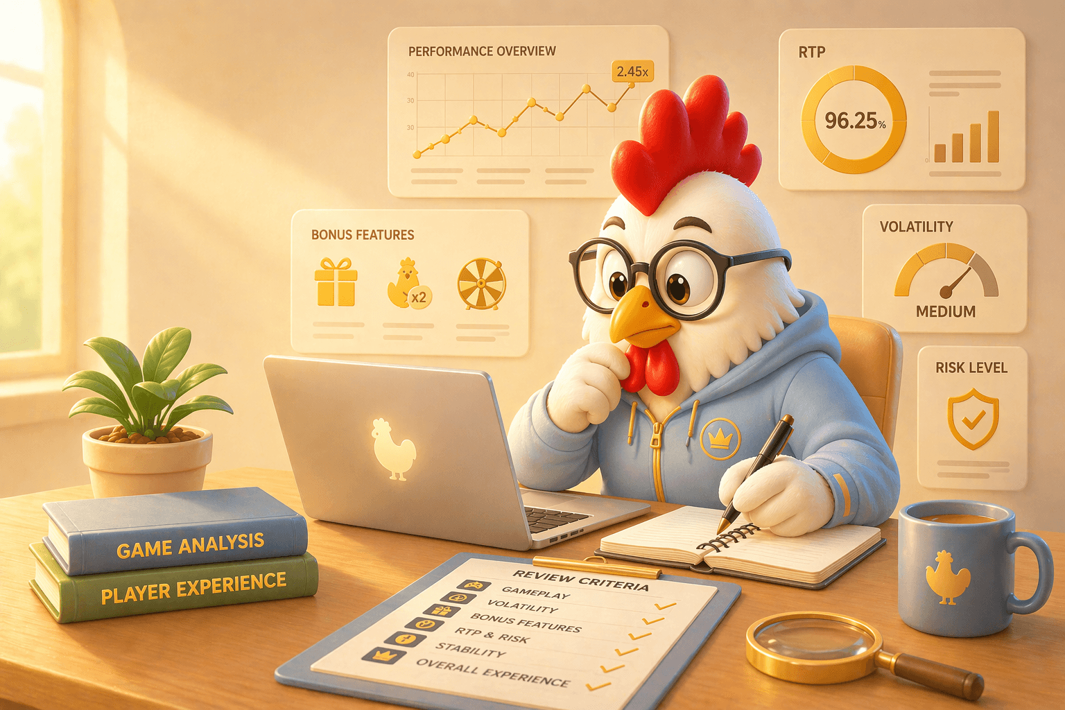 A cartoon chicken wearing glasses and a hoodie is sitting at a desk with a laptop, notebook, and coffee mug, analyzing game performance data and review criteria displayed on floating charts and a clipboard. The desk also has two books titled "Game Analysis" and "Player Experience" and a potted plant.