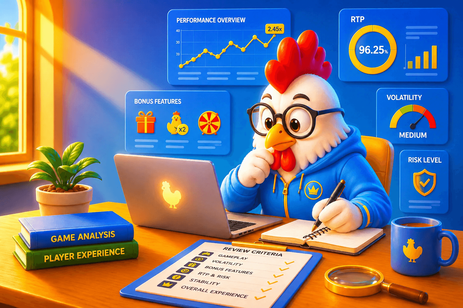A cartoon chicken wearing glasses and a blue hoodie is analyzing game data on a laptop, surrounded by charts, books labeled "Game Analysis" and "Player Experience," and a checklist on a clipboard. The scene is set in a bright room with a plant, coffee mug, and magnifying glass on the desk.