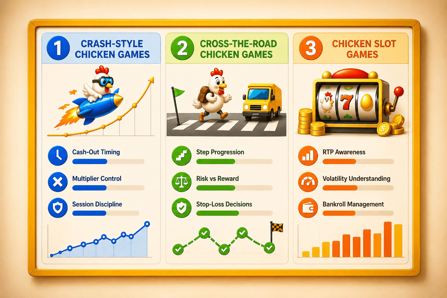 Three-panel infographic comparing crash-style chicken games, cross-the-road chicken games, and chicken slot games, each with a cartoon chicken illustration and key gameplay elements like cash-out timing, step progression, and RTP awareness.