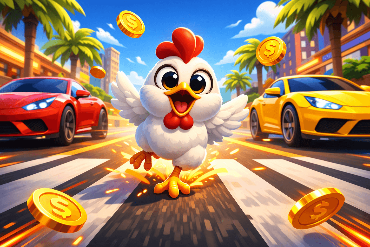A cheerful cartoon chicken running on a city crosswalk between a red and a yellow sports car, surrounded by floating gold coins and palm trees under a bright blue sky.
