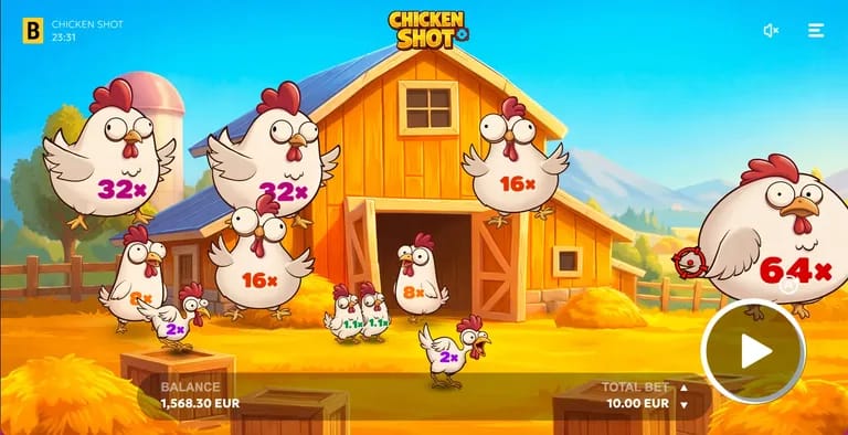 Colorful cartoon chickens with various multiplier values in front of a yellow barn, with a balance and total bet displayed at the bottom.