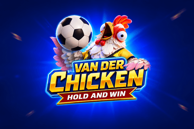 A cartoon chicken holding a soccer ball with the text "Van Der Chicken Hold and Win" in bold yellow and white letters on a blue background.